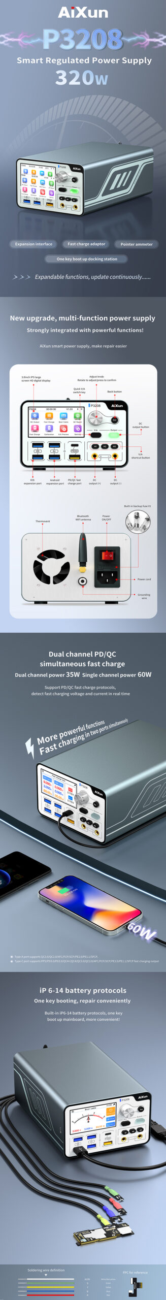 AiXun P3208 320W Smart Regulated Power Supply 32V/8A Current Smart Voltage For iPhone 6-14 Series